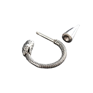 Silver snake piercing ring with detailed scales and threaded cone back on white background