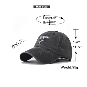 Size chart for washed cotton baseball cap with shark embroidery details and dimensions