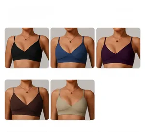 Detail view of V-neck sports bras in five colors including black, blue, purple, and khaki