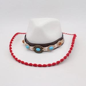 Detail of white felt cowboy hat with red crochet edge and turquoise beaded band