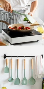 Light green silicone kitchen utensils with wooden handles shown in cooking and storage