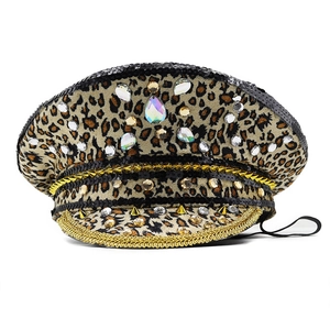 Leopard print military party hat with sparkling rhinestones and gold braid decoration