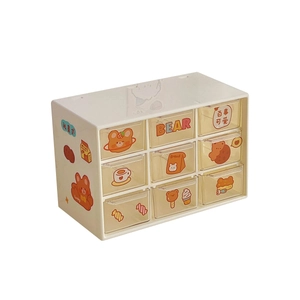 White 9-grid desktop organizer with cute bear stickers and transparent drawers
