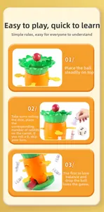 Three-step visual guide showing how to play the rabbit and carrot balancing board game