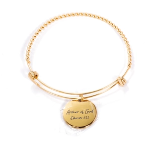 Gold twisted stainless steel bracelet featuring Armor of God engraved round pendant tag