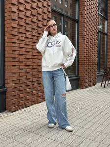 Streetwear oversized white hoodie featuring Focus On Excellence lettering and red sleeve print