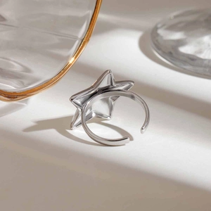 Detailed view of polished stainless steel star ring with an adjustable open band design