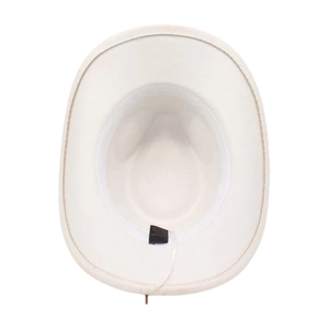 Detailed view of the white felt fedora interior with black wash label and inner band