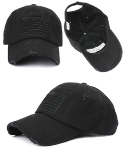 Detail views of black distressed baseball cap featuring USA flag embroidery and torn edges