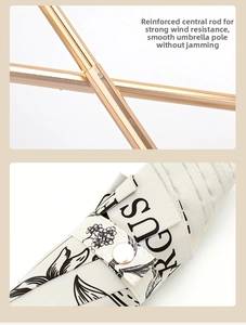 Detail of sturdy gold umbrella shaft and beige floral fabric with metal snap button
