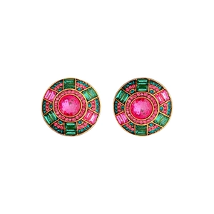 Vintage style gold earrings with pink and green rhinestones in a circular design