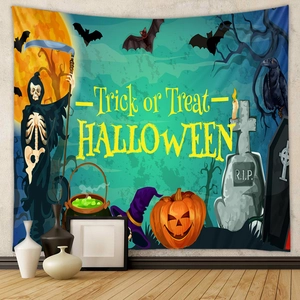 Detail of Halloween tapestry with Trick or Treat text, pumpkins and wizard hat graphics
