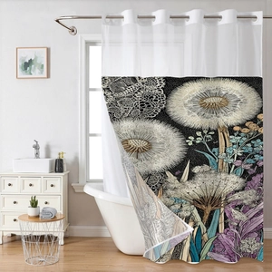 Waterproof floral shower curtain with dandelion patterns and metal grommets in a bathroom
