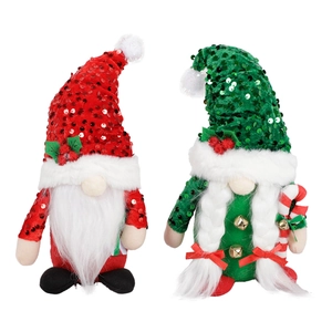 Pair of Christmas gnome plushies with sequin hats and candy cane decor on white background