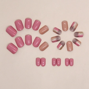 Kurze quadratische künstliche Nägel in Pink und Nude mit goldenem Glitzerverlauf 24 Stück