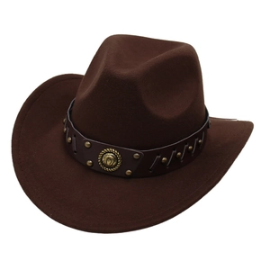 Dark brown wool felt western cowboy hat with studded leather band and vintage metal emblem