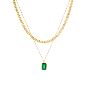 Elegant gold-tone layered necklace with emerald green rectangular stone pendant