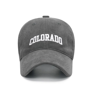 Dark grey cotton baseball cap featuring white Colorado embroidery on a white background