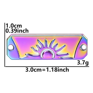 Rainbow sun pendant detail showing 3x1cm dimensions and iridescent metal finish