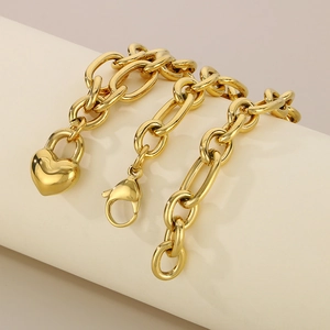 Bracciale a catena in acciaio inossidabile placcato oro 18k con ciondolo a cuore 3D