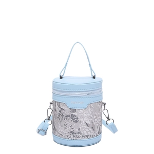 Light blue PU leather bucket bag with floral lace embroidery and top handle design