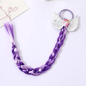 Kids gradient purple braided hair wig with unicorn angel wings hair tie, cute hair accessory.