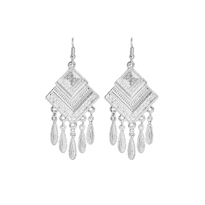 Ethnic silver-finish tassel earrings with geometric diamond shapes and teardrop pendants
