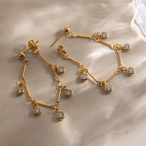 18K gold plated stainless steel fringe earrings with white zircon geometric bars