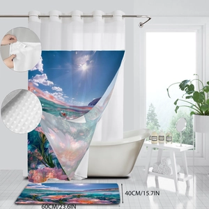 Detail of waffle shower curtain and anti-slip bath mat with 60x40cm size dimensions