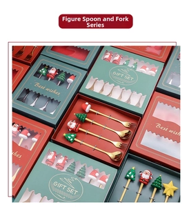 Detailed close-up of Christmas stainless steel spoon and fork gift set with cartoon figures