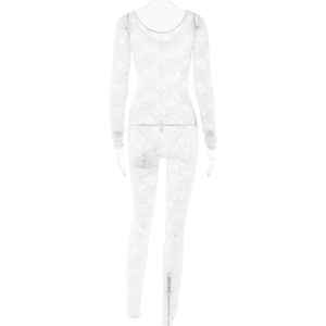 Detail view of white lace sheer jumpsuit featuring intricate floral patterns and back fit