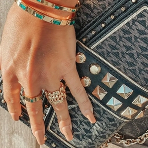 Gold stainless steel bangle with emerald zircon and matching woven chain rings