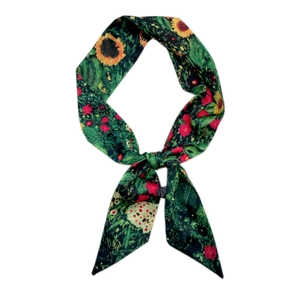 Narrow oil painting style green silk scarf with sunflower print and polyester label