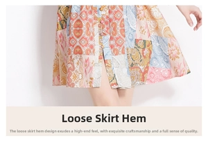 Detail of vintage floral print dress featuring patchwork patterns and colorful buttons