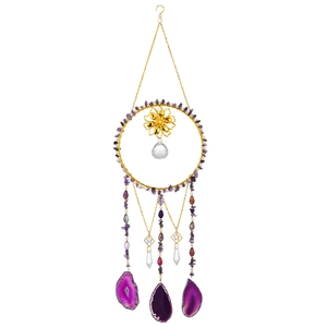Amethyst and citrine suncatcher wind chime with golden metal moon and crystal ball prism