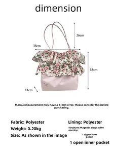 Dimensioni dettagliate della borsa floreale con volant: misure di 38x38x11cm