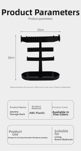Detailed size chart of a 26cm tall black ABS plastic jewelry organizer with hooks