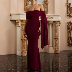 Off-shoulder wine red bodycon dress with cape sleeve and elegant fishtail silhouette