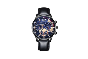 Macro shot of Geneva chronograph watch face with blue texture and black leather strap