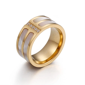 Fashion Wide Face Gold Plated Stainless Steel Ring With Mother Of Artificial Pearl And Cubic Zirconia Modern Jewelry For Women