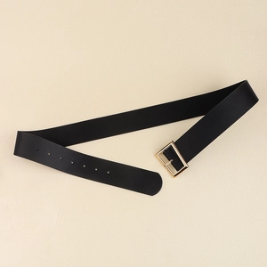 Detailed view of black leather belt with golden rectangular buckle and adjustment holes