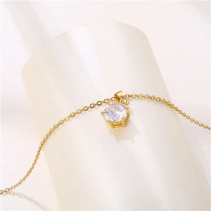 Classic 18K gold plated stainless steel necklace with six-prong round zircon pendant