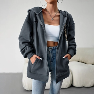 Women's dark gray fleece zip-up hoodie featuring a drawstring hood and front pockets