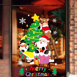 Detailed Christmas window stickers with Santa, reindeer and snowman on a glass door