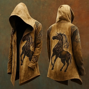 Detailed front and back view of a men's hooded cardigan with Celtic horse print and vintage finish