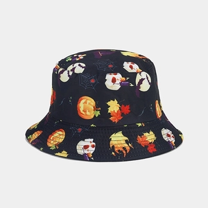 Halloween Fischerhut in Schwarz mit Kürbis und Spinnennetz Print für Damen und Herren