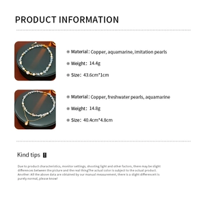 Size and material specifications for aquamarine and freshwater pearl beaded necklaces