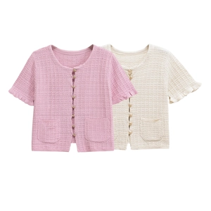 Women's Short Sleeve Knit Cardigan Round Neck Gold Buttons Ruffle Edge Waffle Texture Cotton Top Pink White Casual Elegant Knitwear