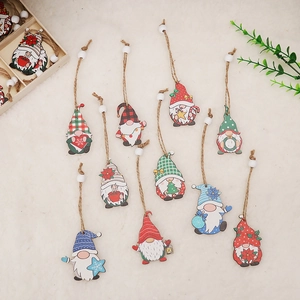 Set of 10 colorful wooden Christmas gnome ornaments with hanging ropes and beads