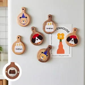 Cartoon Animal Magnetic Bottle Opener Wooden Fridge Magnet Cute Beer Opener For Home Kitchen Decor With Leather Lanyard